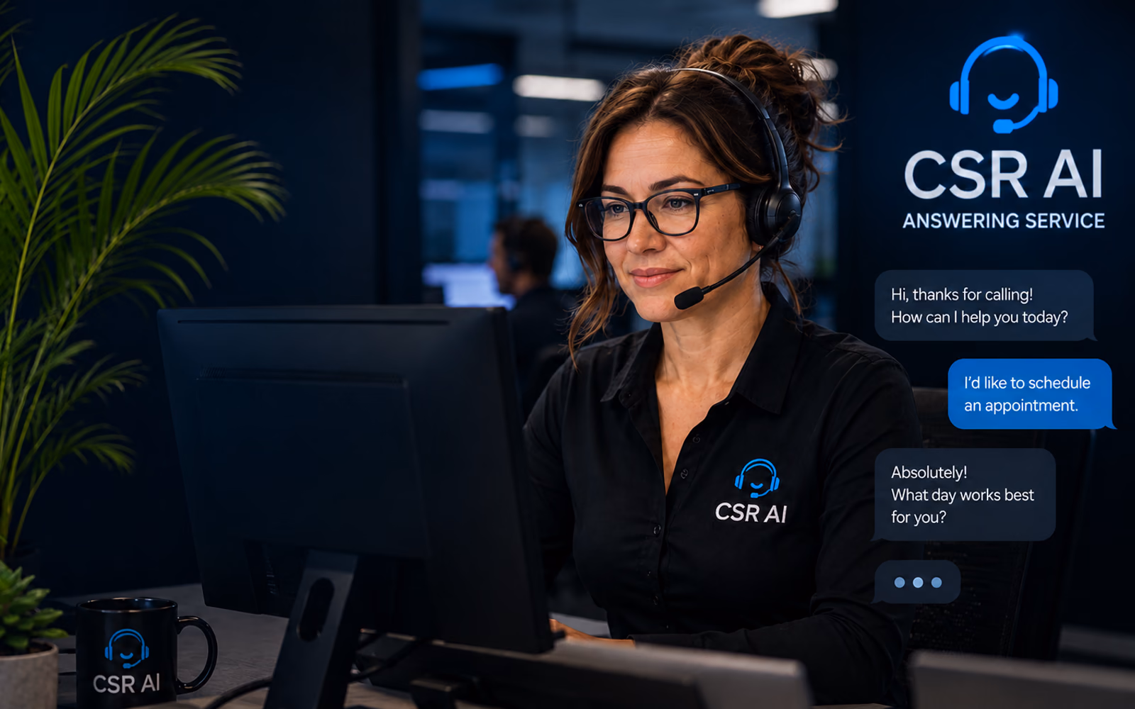 A CSR AI answering-service desk: an agent in a headset at her screen, with the booked conversation running beside her — I'd like to schedule an appointment.