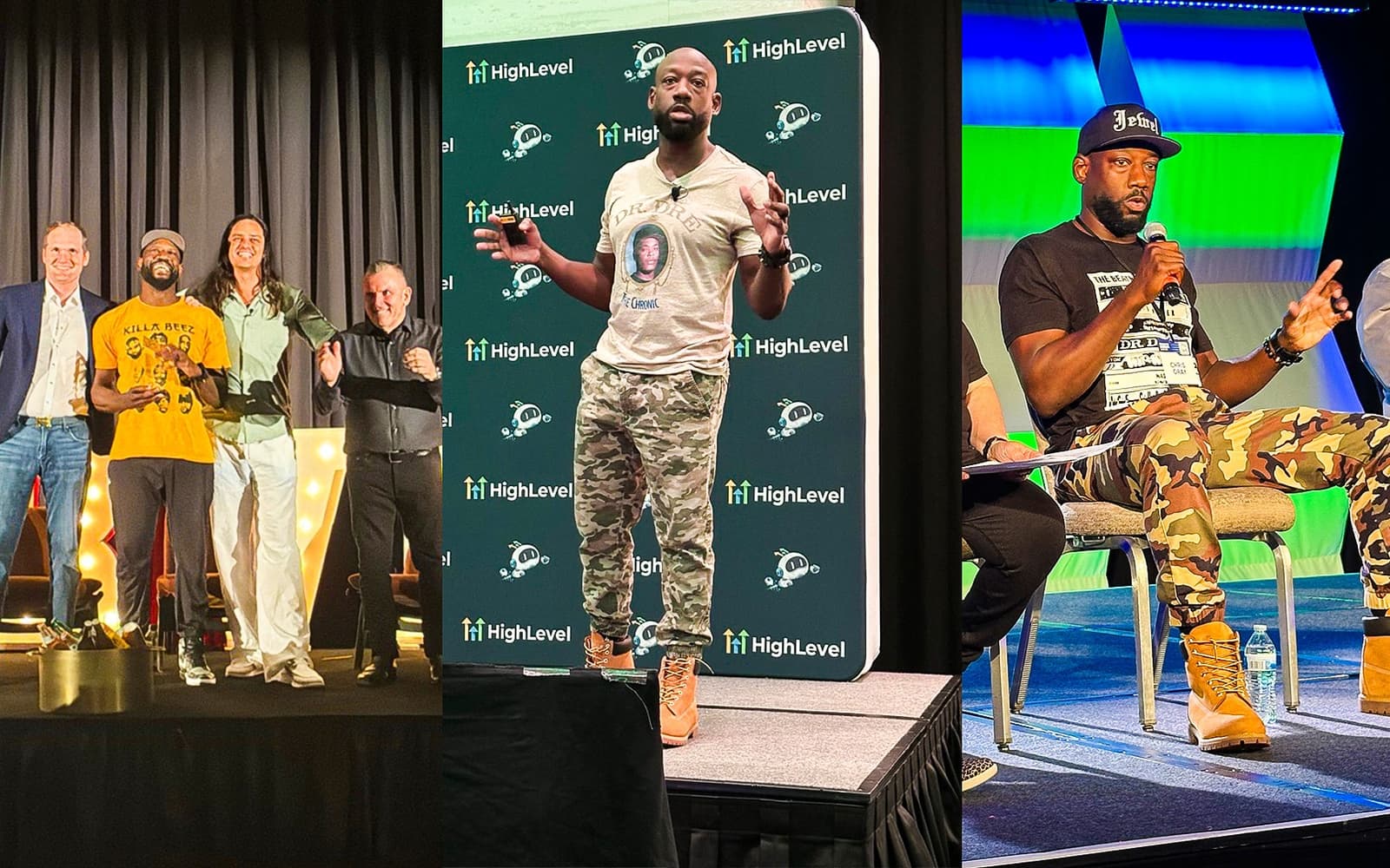 Three photographs of Chris at HighLevel events: on stage alongside three others, presenting alone in front of the sponsor wall, and answering into a microphone from a panel seat.